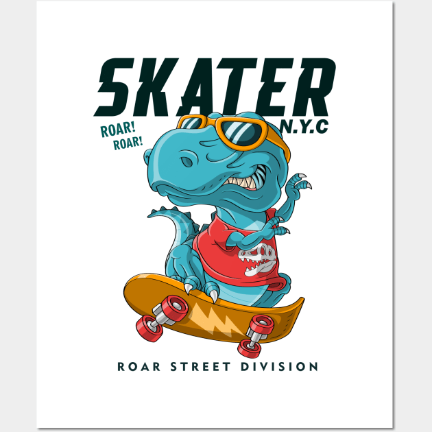 dinosaur playing skateboard Wall Art by Mako Design 